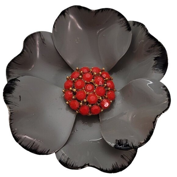 Vintage Scarlet Red Rhinestone And Gray Metal Flower Brooch Pin E650 - Picture 9 of 9